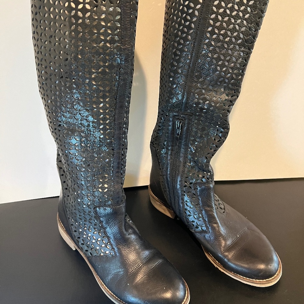 100% Leather Perforated Knee-High Black Boot - NEW